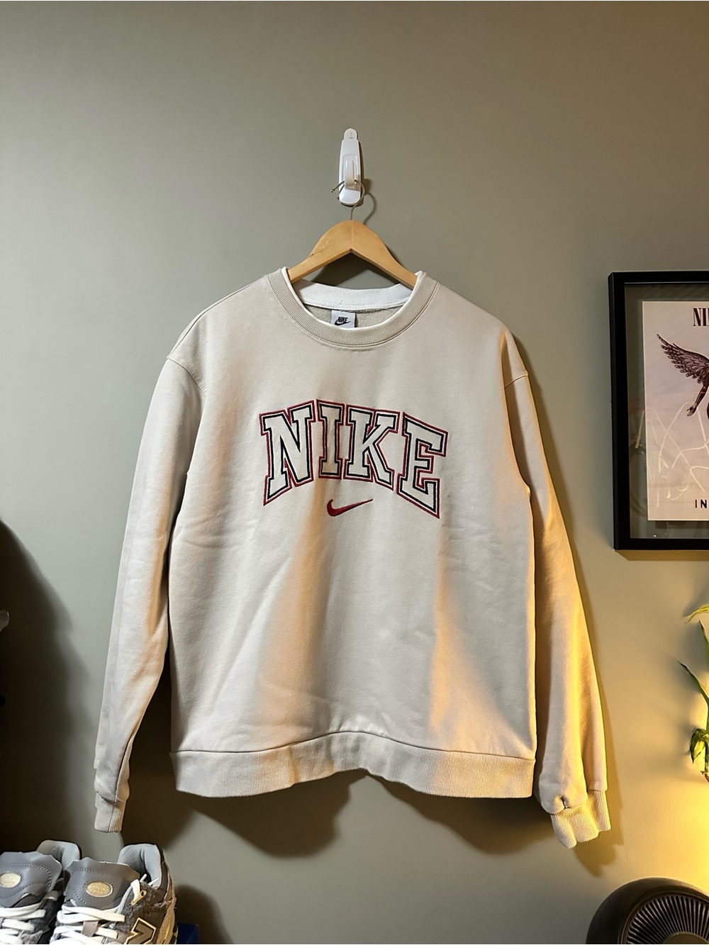 Nike x Stussy Beige Crewneck Sweatshirt with Maroon Logo